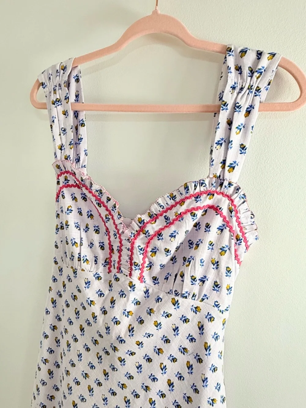 Free People White Midi Dress with Blue Floral Print and Pink Trim